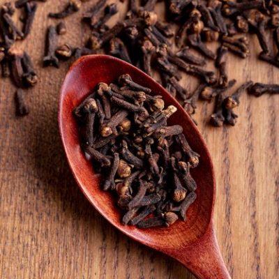 Export-quality dried cloves in a wooden spoon on rustic background